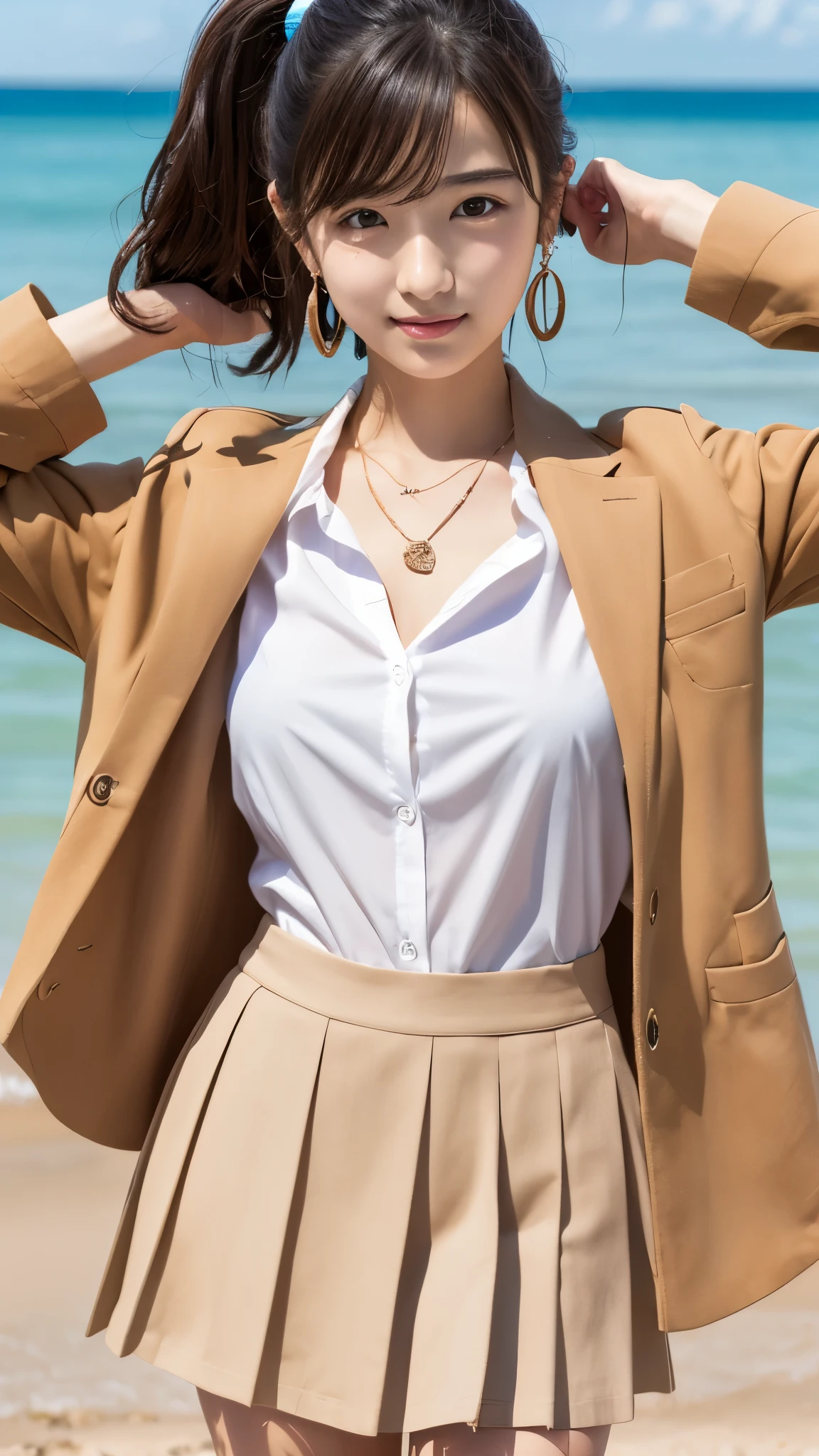 (sea、Sandy Beach)、Earrings、Embarrassing、(School uniform)、pubic hair、short hair、They hesitate,、Wet Hair, Underarm,, (High color saturation:1.0), (Very detailed肌), (Please redeem:1.0), (Ultra-high resolution:1.0) ,(Realistic:1.0), (Very detailed:1.0), (8k, RAW Photos:1.1)、Center of chest、Yoshizuki Iori、(blazer)、(Front View)、Brown Hair、pubic hair、standing、ponytail、necklace、mini skirt、Dress shirt、18 years old、