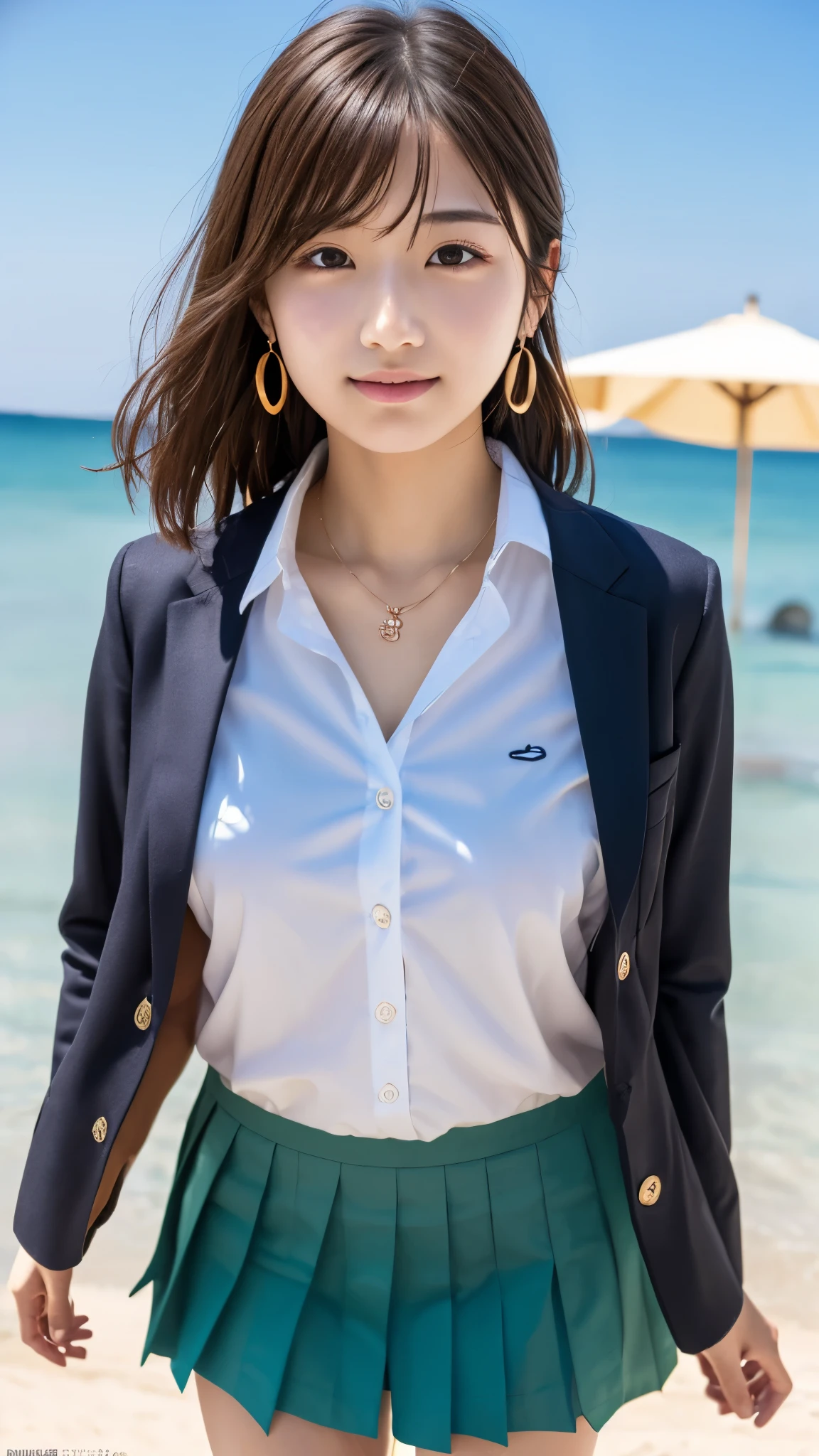 (sea、Sandy Beach)、Earrings、Embarrassing、(School uniform)、pubic hair、short hair、They hesitate,、Wet Hair, Underarm,, (High color saturation:1.0), (Very detailed肌), (Please redeem:1.0), (Ultra-high resolution:1.0) ,(Realistic:1.0), (Very detailed:1.0), (8k, RAW Photos:1.1)、Center of chest、Yoshizuki Iori、(blazer)、(Front View)、Brown Hair、pubic hair、standing、ponytail、necklace、mini skirt、Dress shirt、18 years old、