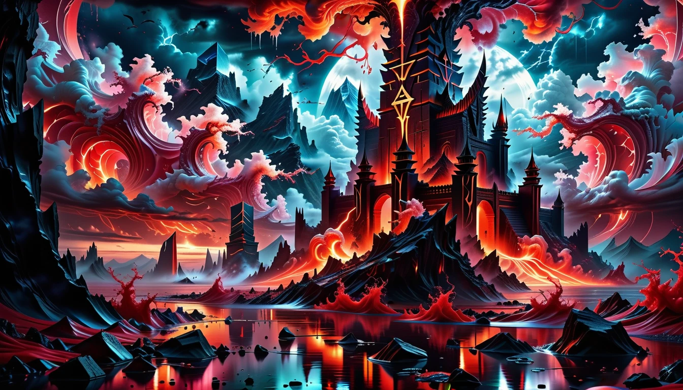 A Masterpiece In 32K Resolution, Supreme Quality, Super Detail, Official Art, Very High-Resolution 32K Wallpaper. Dark And Foreboding, Ultra-Detailed Features. Twisted Landscapes Of Spiraling Black Towers Rise From An Ocean Of Ink, Where Monstrous Creatures Lurk Just Beneath The Surface. The Sky Is A Swirling Storm Of Blood-Red Clouds, And Ancient Runes Flicker In And Out Of Existence On The Horizon. A Cursed Temple Stands On The Highest Peak, Draped In Shadow.