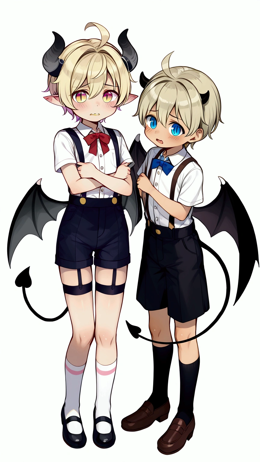 (masterpiece, best quality), (full body:1.2), (standing), (small fighting elven 1boy:1.2), (ultra quality skin:1.2), 1boy, (shota), (boy_shota), demon, pointed ears, bull horns, demon wings, large wings, slit eyes, demon tail, short hair, beautiful and detailed face, detailed eyes, shy, pointed teeth, full view, white background, plain background, butler clothes (short sleeve button-up shirt, ribbon tie, suspenders, shorts, garter socks, formal shoes)