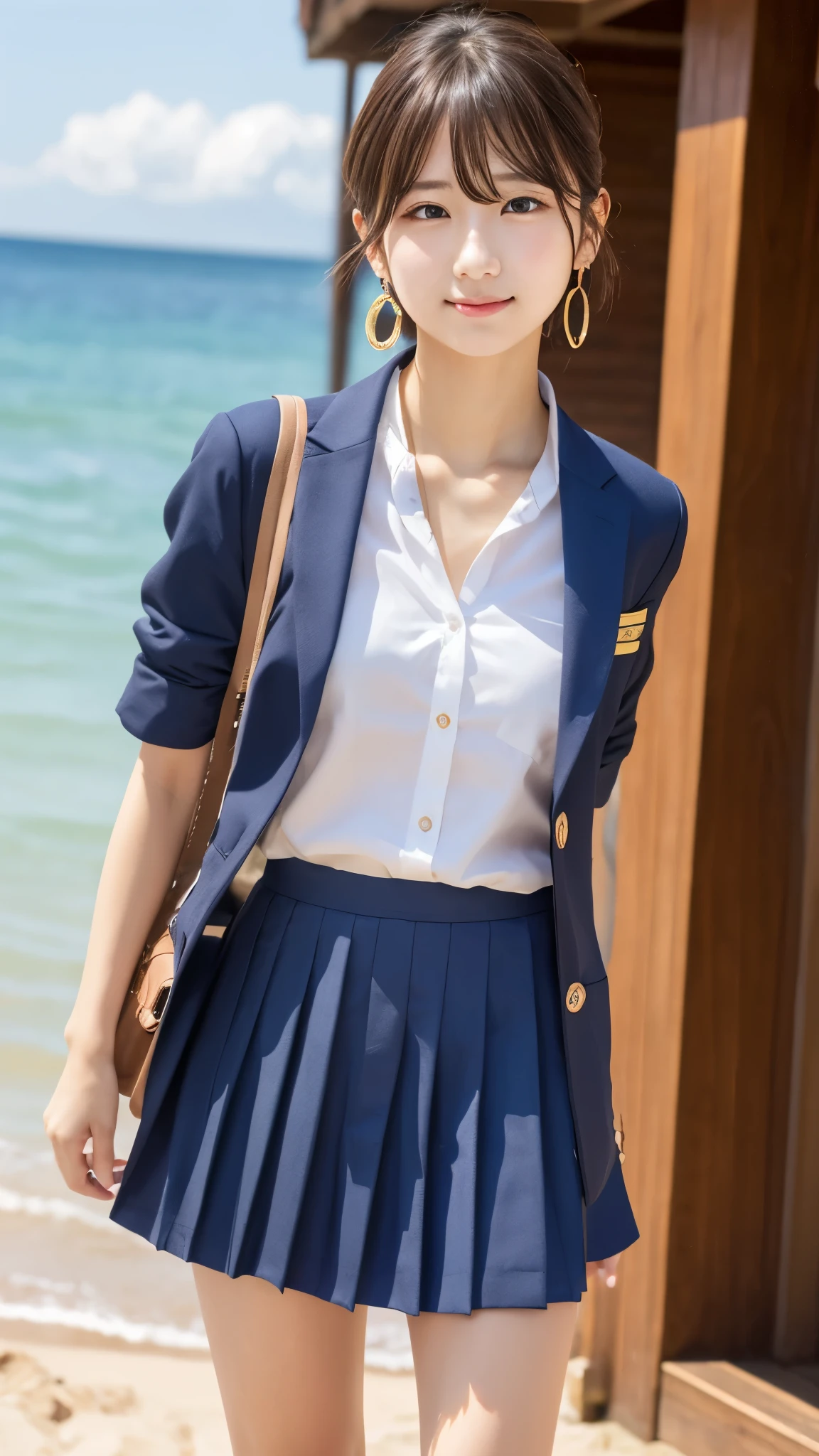 (sea、Sandy Beach)、Earrings、Embarrassing、(School uniform)、pubic hair、short hair、They hesitate,、Wet Hair, Underarm,, (High color saturation:1.0), (Very detailed肌), (Please redeem:1.0), (Ultra-high resolution:1.0) ,(Realistic:1.0), (Very detailed:1.0), (8k, RAW Photos:1.1)、Center of chest、Yoshizuki Iori、(blazer)、(Front View)、Brown Hair、pubic hair、standing、ponytail、necklace、mini skirt、Dress shirt、18 years old、Red Ribbon、Rear view、