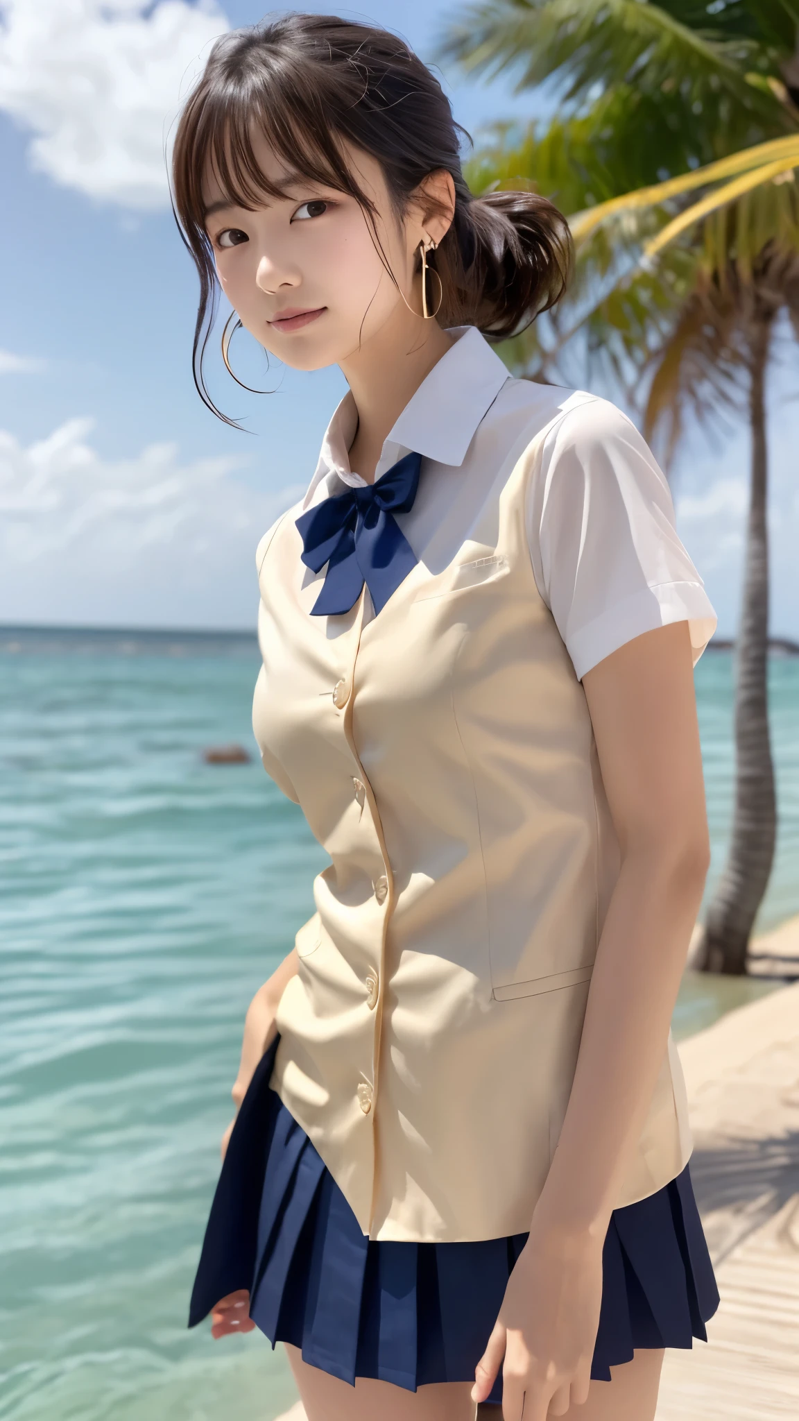 (sea、Sandy Beach)、Earrings、Embarrassing、(School uniform)、pubic hair、short hair、They hesitate,、Wet Hair, Underarm,, (High color saturation:1.0), (Very detailed肌), (Please redeem:1.0), (Ultra-high resolution:1.0) ,(Realistic:1.0), (Very detailed:1.0), (8k, RAW Photos:1.1)、Center of chest、Yoshizuki Iori、(blazer)、(Front View)、Brown Hair、pubic hair、standing、ponytail、necklace、mini skirt、Dress shirt、18 years old、Red Ribbon、Rear view、