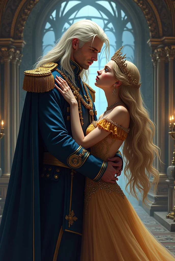 (masterpiece, highest quality, high resolution, 8k, difficulty: 1.2) photorealistic book cover in the genre of epic romantic fantasy, in the center of which a COUPLE (a man and a woman) is depicted. Spring romantic fantasy in the center stands a handsome, tall, statuesque, courageous young man-blond with long white hair, dressed in military uniform and silver armor, he hugs from behind a beautiful, incredibly beautiful young femme fatale with long golden hair, blue eyes, she is a princess, she is sad, proportional, gentle, shimmering, beautiful faces, she does not like him, he is unpleasant to her, daytime bokeh, fairy fairy, mysterious, bright spring color scheme, (Best quality, 8K, high resolution, Masterpiece: 1,2), Ultra-detailed (Realistic, Photorealistic, photorealistic-realistic: 1.37), Artistic design in a creative style, Historical, Classic, refined, many colors, High detail, soft lighting, luxurious furnishings, dress with details, bright flowers, exquisite jewelry, Unearthly atmosphere, Elegant pose, Graceful curves, Golden body proportions, Loose hair, Breathtaking textile patterns, Piercing blue eyes, Delicate floral decor, Dazzling set of crystal accessories, Mysterious and dreamy atmosphere, Impeccable attention to detail. detailed eyes, beautiful face.