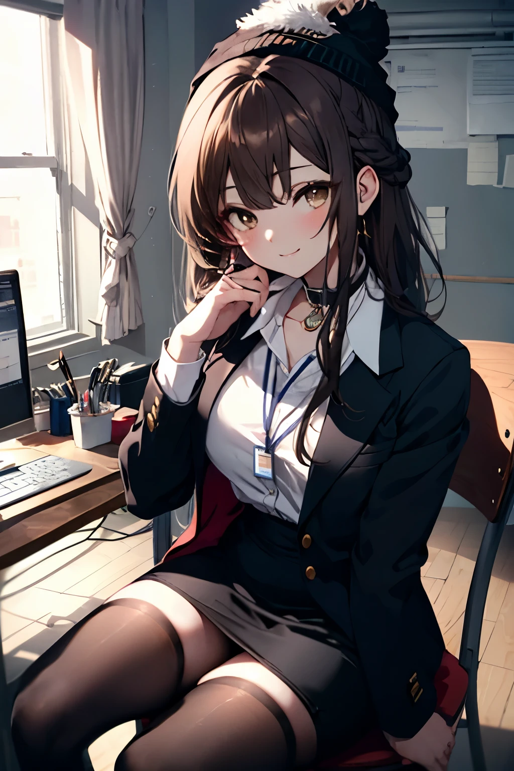 anime girl with a sword black hair, (brown eyes:1.5), smile,blush,collect,long hair, end, Black suit jacket, jacket with collar, White Dress Shirt, Shirt with collar, neckline, button, correa, ID card on the neck, black pencil skirt, black stockings, smile, blush, looking at the viewer, Charm, mechanic,on your computer,Sitting on a chair, interior,Pausa de toque ciego looking at the viewer, BREAK indoors, office, BREAK (masterpiece:1.2), highest quality, high resolution, unit 8k wallpaper, (cipher:0.8), (Detailed and beautiful eyes.:1.6), Very detailed face, perfect lighting, Very detailed CG, (perfect hands, perfect anatomy),