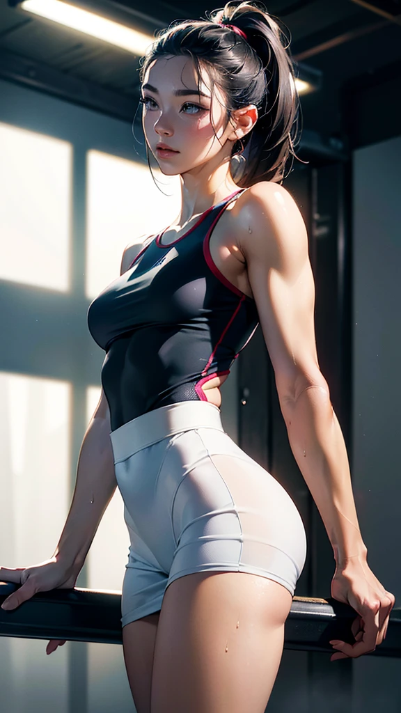 ((realistic: 1.5)),((best quality)), ((masterpiece)),((detailed)), Photo raw, 8k, hdr, 2 Brazilian women, brown eyes, brown hair, slim fit body, small breasts, runner clothes, white skin, beautiful smile, lascivious, ((squeezing your friend's ass)), the friend is bodybuilder
