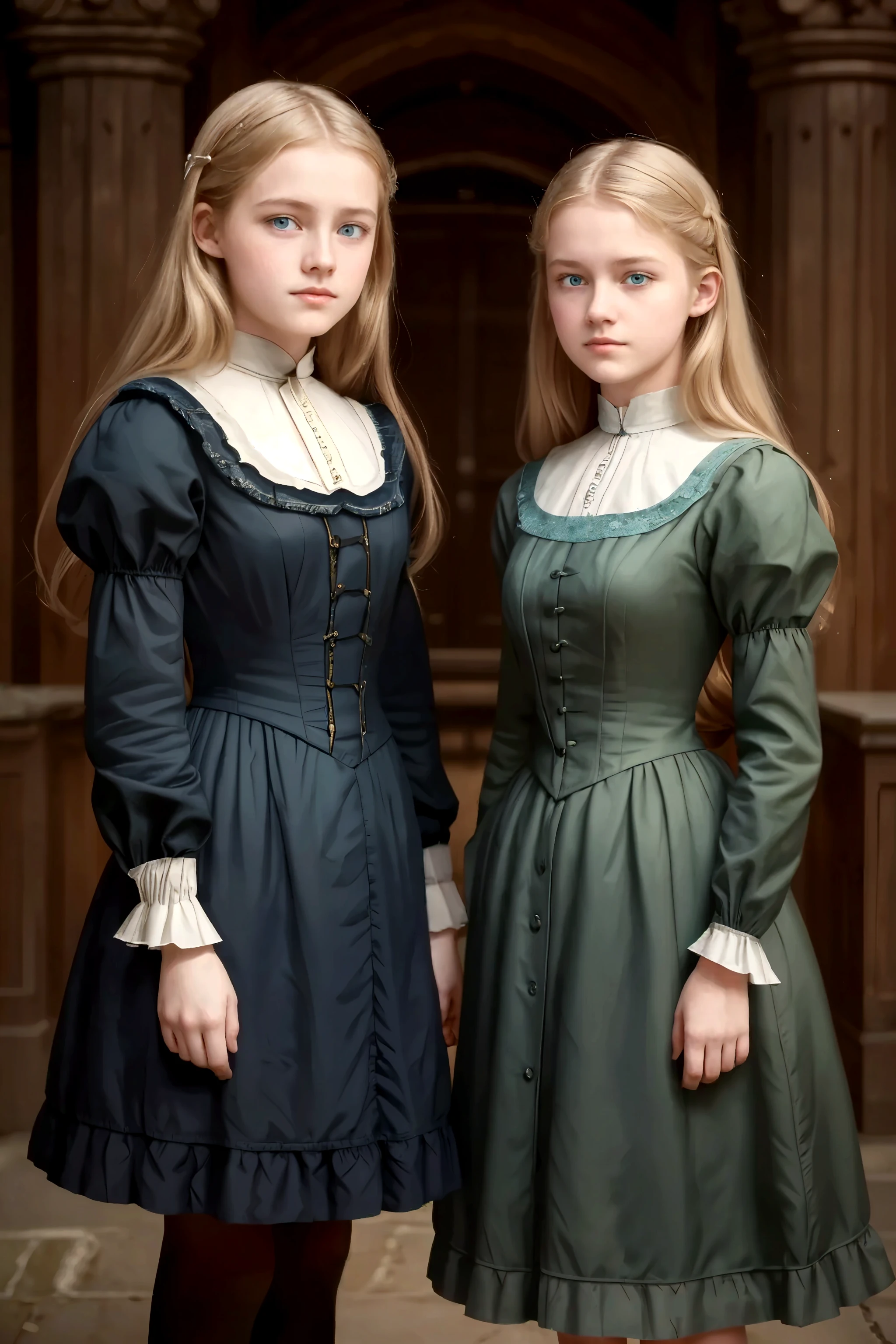 
two girls, (Virginia Otis, ************ (blond hair, blue eyes)) pose with (************ Georgie Gerald (blond hair, green eyes)). Victorian style. thin, cute face, walks at night in Canterville Castle (inspired by the novel The Canterville Ghost). aged 1887, Victorian dark fantasy