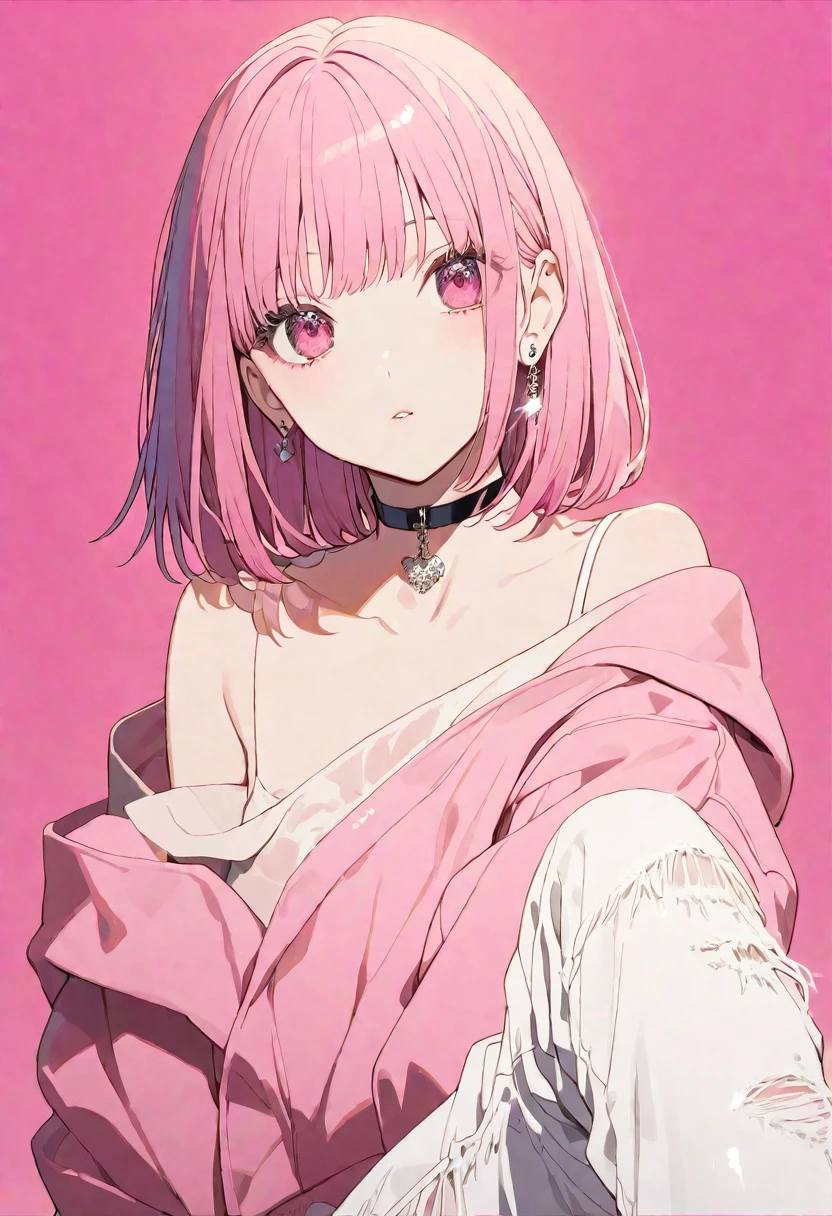 Alone, good looking, Monotony,
1. woman,
hime cut,Straight hair,Bob Hair, 
Pink Hair, 
Yotsuba Nakano,
Pink Eyes,Soft impression,beautiful,beautiful,sexy,darkness,Lots of silver earrings,Choker,Bra straps,
White off shoulder,White distressed jeans,hoodie ,skin,
Pink Background,