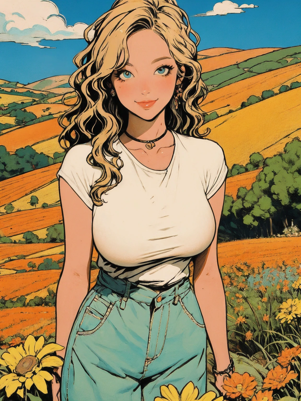 Detailed Background, Beautiful landscape painting, (sunflower:0.6), (masterpiece, Best Quality), Vibrant colors, colorful, Amazing details, Anatomically correct, (perfect anatomy:1.2), Flat Shading, (Long Wavy Hair), (40YO), Perfect Style, huge breasts, 1 woman, solo, sun, gentle smile, ((Rural Scenery of provence)), jppop art style, 