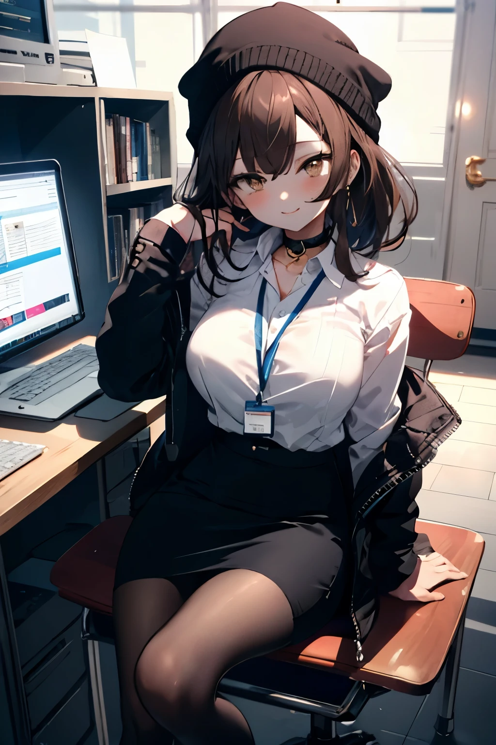 anime girl with a sword black hair, (brown eyes:1.5), smile,blush,collect,long hair, end, Black suit jacket, jacket with collar, White Dress Shirt, Shirt with collar, neckline, button, correa, ID card on the neck, black pencil skirt, black stockings, smile, blush, looking at the viewer, Charm, mechanic,on your computer,Sitting on a chair, interior,Pausa de toque ciego looking at the viewer, BREAK indoors, office, BREAK (masterpiece:1.2), highest quality, high resolution, unit 8k wallpaper, (cipher:0.8), (Detailed and beautiful eyes.:1.6), Very detailed face, perfect lighting, Very detailed CG, (perfect hands, perfect anatomy),