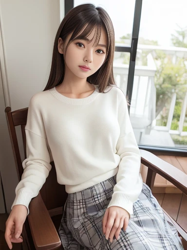 Japanese women, cute, (avert your eyes:2),(Old-fashioned smile:0.7),
(Dark brown eyes, pupil, Light in your eyes:1.5),
(Long Bob Hair),(whole body),
(Dark brown loose knit sweater,(Tucked-out sweater:3), (Pulling on a sweater:3)),(Checked long skirt),
(In a bright room:2),(curtain, sofa, table, Chair, シースルーcurtain:2), (Tree outside the window々),spring,