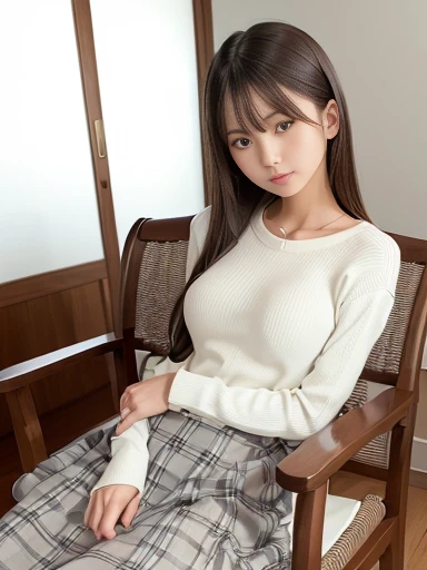 wariza，Sit up，Hands between legs，年轻，(Plaid white pleated skirt)，flat breast，Black blouse，parka，Pupils，teens girl，A dark-haired，delicate and petite body，in a house