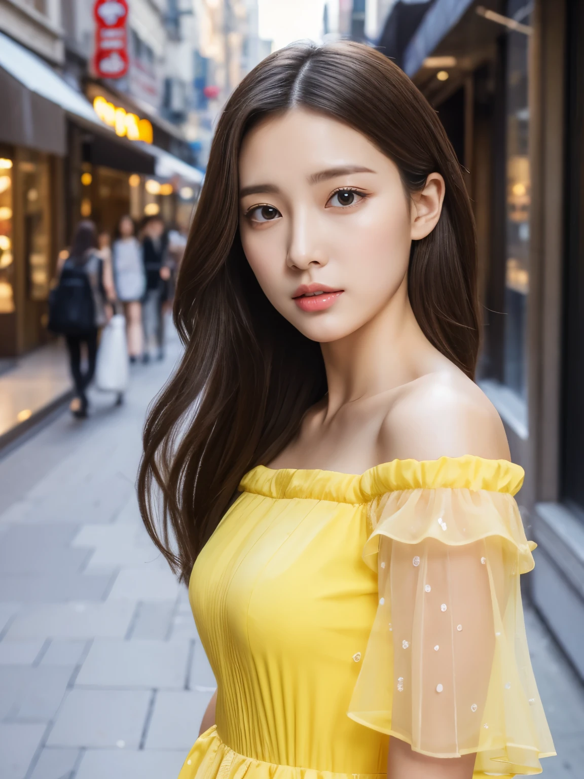 highest quality, masterpiece, Ultra-high resolution, (photoRealistic), RAW Photos,One girl, skinny, Upper Body,alone, Realistic, View your viewers, Long Hair, Bokeh Background, street,Brown eyes, Bohemian dress,  