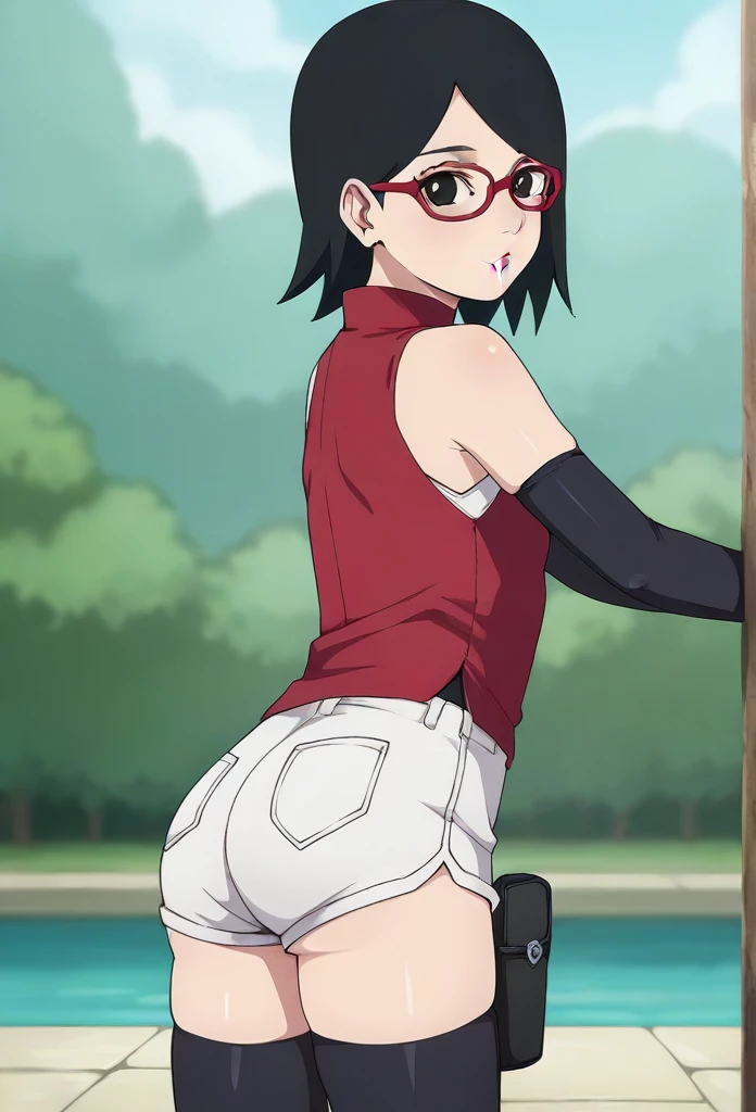 score_9_up, score_8_up, score_7_up, score_6_up, score_5_up, score_4_up, ,zPDXL2, solo, rating_safe, perfect face, perfect eyes, BBC_Chan Style, Sarada Uchiha, solo, 1girl, black hair, short hair, red-framed eyewear, glasses, black eyes,red dress, sleeveless, elbow gloves, black gloves, fingerless gloves, white shorts, black thighhighs, thigh holster, side view, large round butt, bubble butt ,konohagakure village pathway, flat chest,full lips