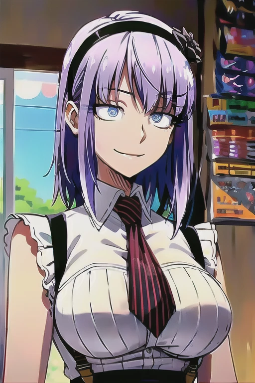 Firefly,Best Quality,Purple Hair, Hairbands, Contoured eyes, blue eyes, Hair Flowers, Hair Accessories, short hair,Large Breasts,   suspenders、tie, suspendersスカート,  shirt、whole body、Charming smile、