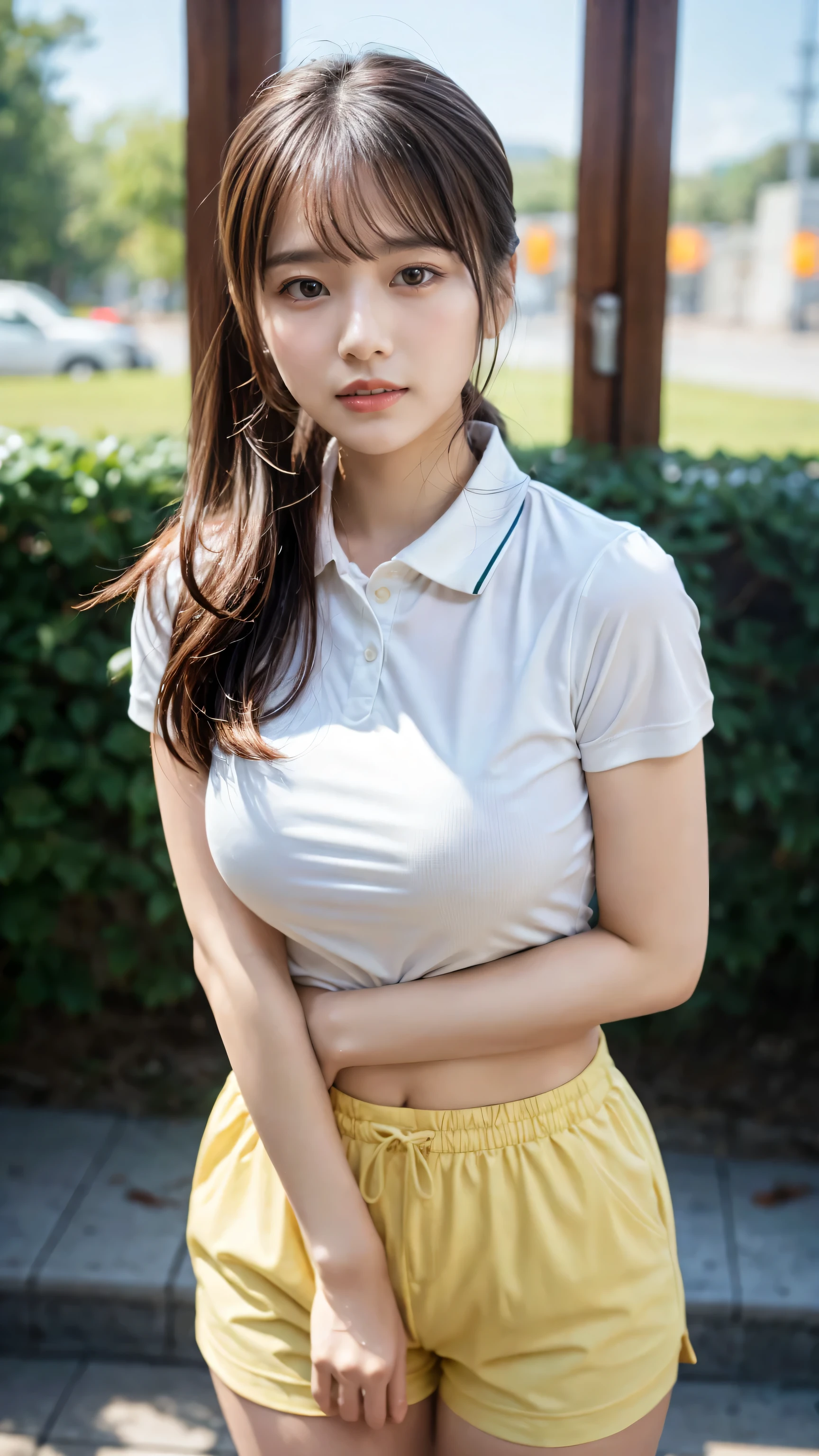 (8k, RAW photo, photorealism: 1.25), 18-year-old girl in casual clothes, ((rear view)), ((big breasts)), wet skin and clothes, (against the background of the park), pleated miniskirt going up the legs, ((spreads legs)), ((visible under the skirt)), ((visible panties under the skirt))