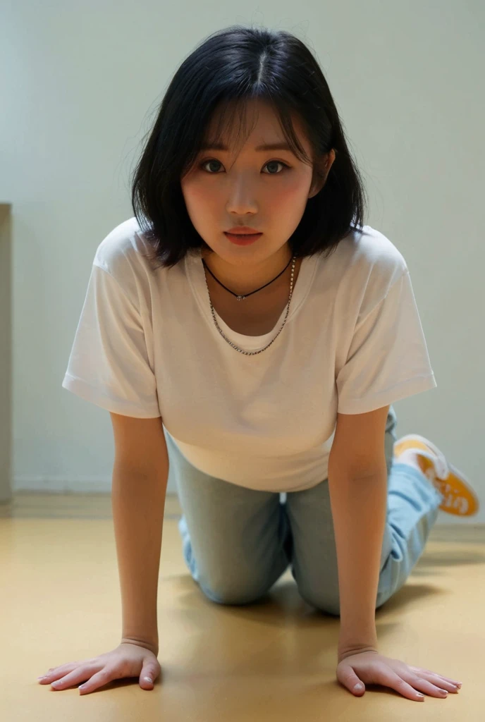 A junior high school student in shorts vomiting