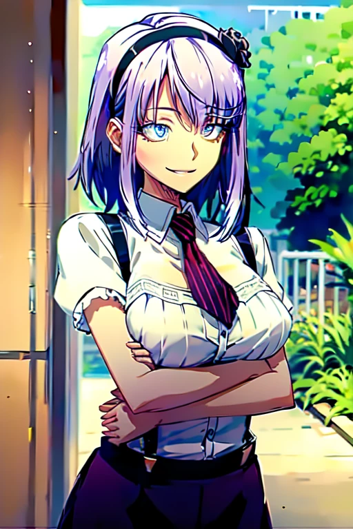 Firefly,Best Quality,Purple Hair, Hairbands, Contoured eyes, blue eyes, Hair Flowers, Hair Accessories, short hair,Large Breasts,   suspenders、tie, suspendersスカート,  shirt、whole body、Charming smile、