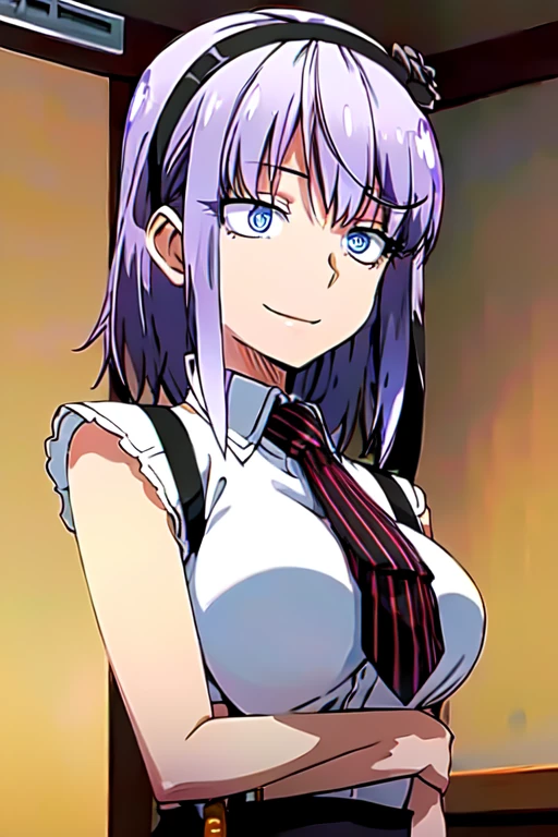 Firefly,Best Quality,Purple Hair, Hairbands, Contoured eyes, blue eyes, Hair Flowers, Hair Accessories, short hair,Large Breasts,   suspenders、tie, suspendersスカート,  shirt、whole body、Charming smile、