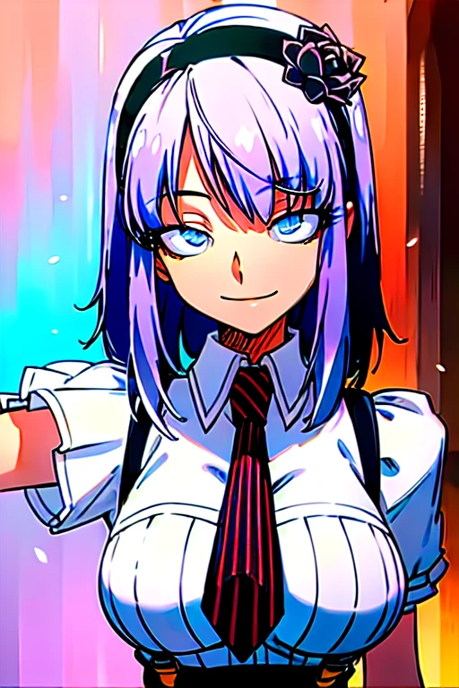 Firefly,Best Quality,Purple Hair, Hairbands, Contoured eyes, blue eyes, Hair Flowers, Hair Accessories, short hair,Large Breasts,   suspenders、tie, suspendersスカート,  shirt、whole body、Charming smile、