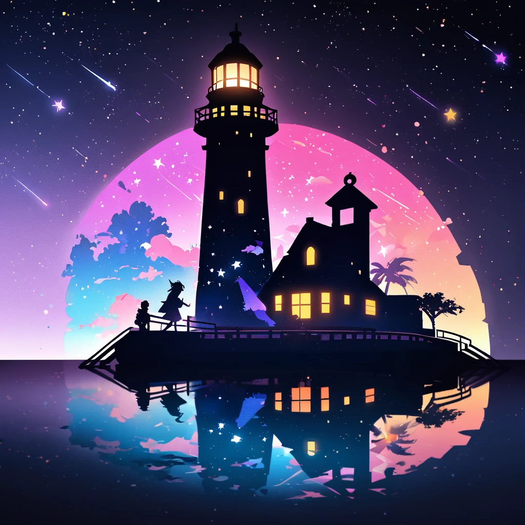 Flat illustration, 2D art, shadow art, shadow picture, (lighthouse), lighthouse shadow art. Lighthouse and ground made of shadows, the windows are made of colorful cellophane. Iridescent light is emitted from the lighthouse, with light particles, Black purple blue light blue gradient background, countless stars shine in the night sky, shooting stars also add a magical atmosphere to the scene, light particles. pastel colored stained glass-like sea, Horizon. Silhouette art, (Fairy tale, fantastic fairy tale art for children). seen from the side. 