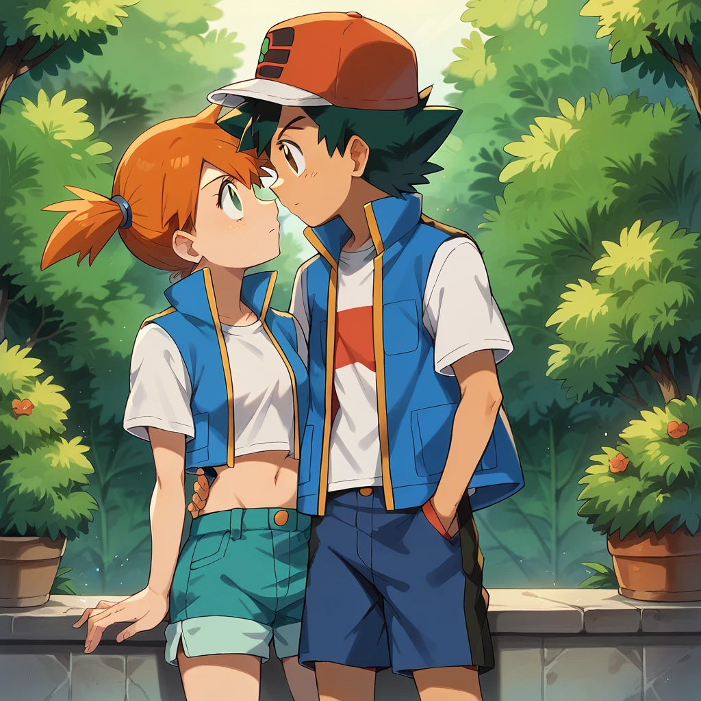 1boy, ash ketchum, black hair, brown eyes, hat, baseball cap, shirt, white shirt, t-shirt, jacket, sleeveless jacket, shorts, blue shorts 1girl, misty pokemon, orange hair, side ponytail, green eyes, white jacket, white crop top, belly button, blue jeans shorts photograph of a couple, they're showing off their love and affection for each other, looking at each other