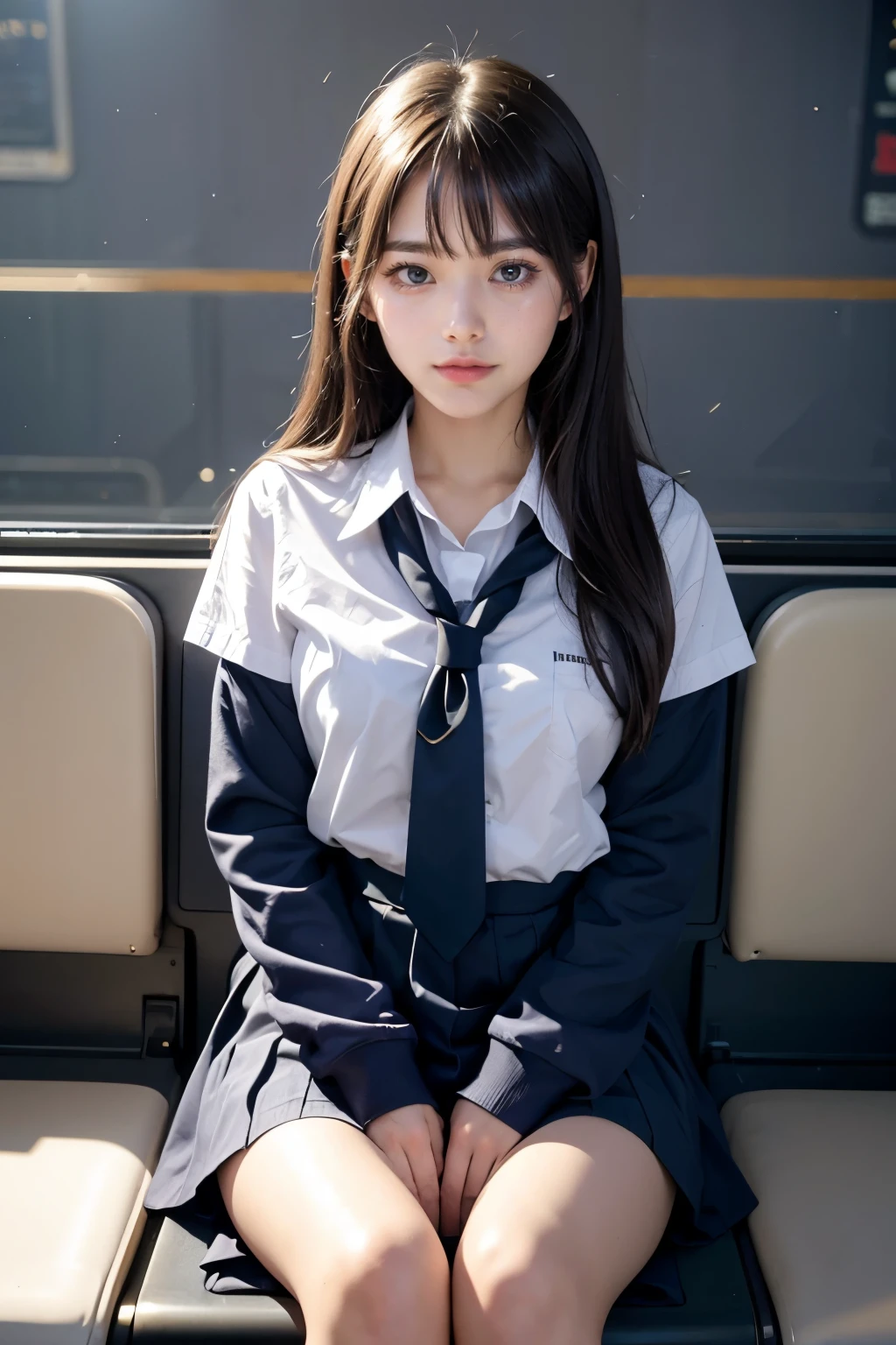 (masutepiece, Best Quality:1.2), 8K, student, 85 mm, Official art, Raw photo, absurderes, White dress shirts, Pretty Face, close up, Upper body, violaceaess, gardeniass, Beautiful Girl, School uniform, (Navy pleated skirt:1.1), Cinch West, thighs thighs thighs thighs, Short sleeve, on train, Sit on a bench seat, Looking at Viewer, No makeup, (Smile:0.4), Film grain, chromatic abberation, Sharp Focus, face lights, clear lighting, Teentailed face, Bokeh background, (dark red necktie:1.1)