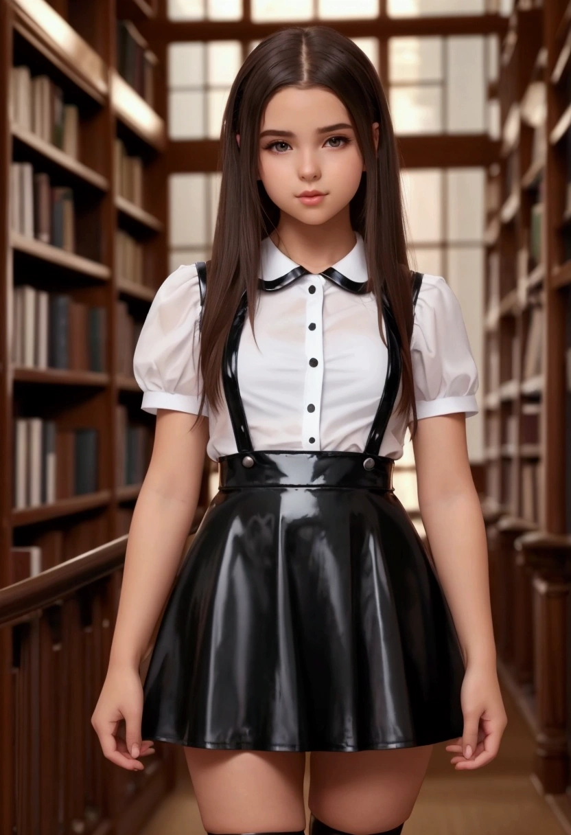 Front angle cute curvy teen beautiful schoolgirl, short black shiny leather skater pinafore dress, transparent shiny white blouse, short sleeves, brunet long hair, shiny stockings, standing in library, photorealistic