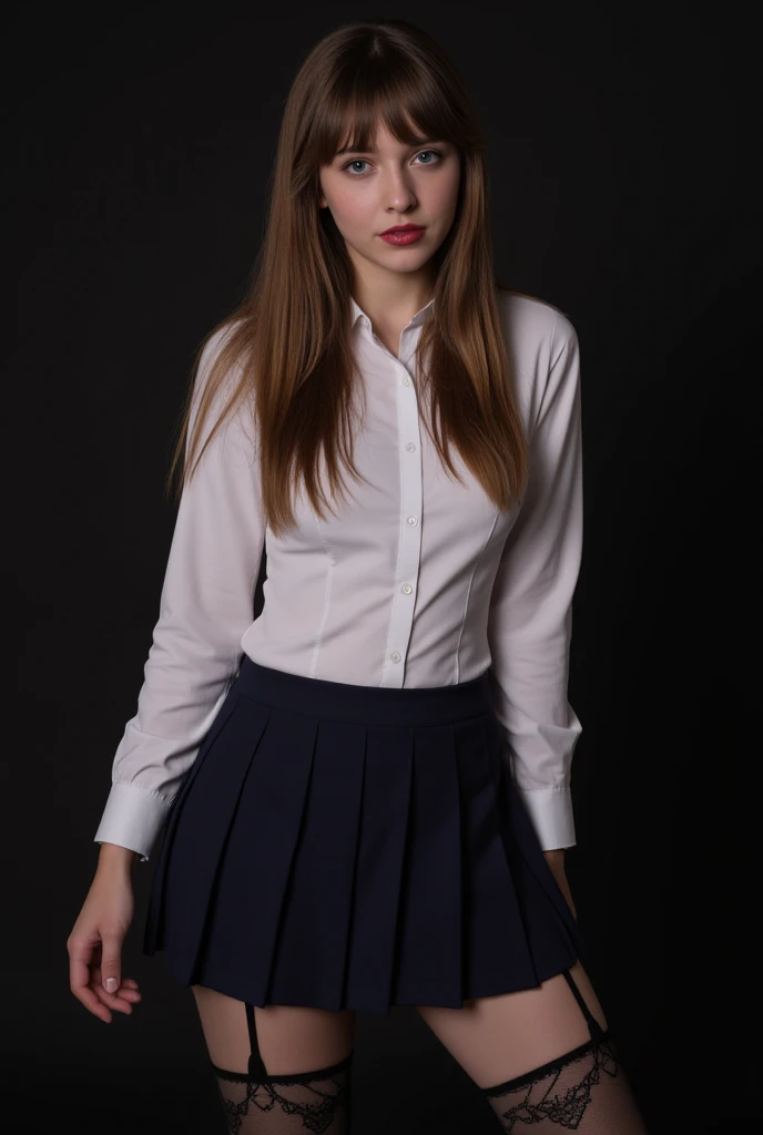 realistic, high res image, masterpiece, best quality, young woman, cute, fair skin, brown shiny long hair, ultra detailed eyes, thick lips, dark background, school uniform, white long sleves shirt, navy skirt, black lace leg wear, black lace thighhigh, 