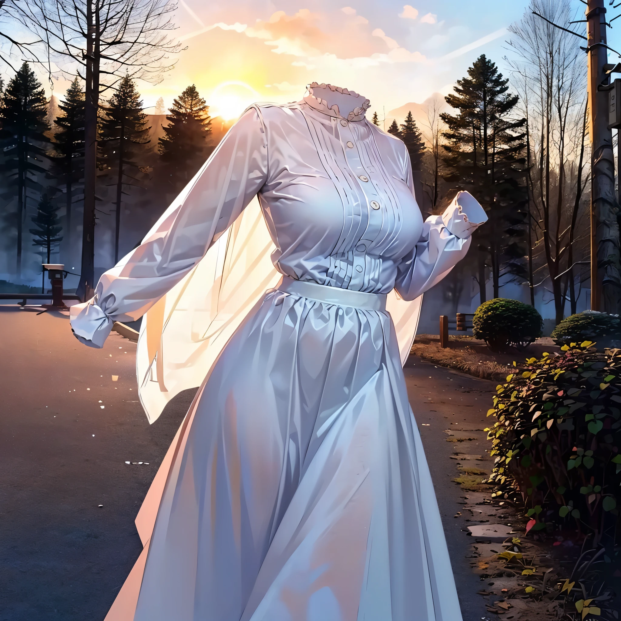 1girl, (invisible:1.5, no humans:1.5, headless:1.5, faceless:1.5), aafern, large breasts, long dress, white dress, black robe, long sleeves, (close-up shot of breasts), (8k, RAW photo, best quality, masterpiece:1.2), (realistic, photo-realistic:1.37), photon mapping, radiosity, ((Hasselblad photography)), physically-based rendering, arched back, in forest, beautiful sunset