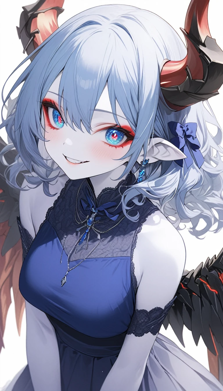 score_9, score_8_up, score_7_up, best quality ,masterpiece, 4k, Japanese anime, 1girl, (white skin:1.2), navy blue hair, medium length hair, blue ribbon, drill hair, wavy hair, (mechanical dragonhorn:1.5), (mechanical wing:1.2), (eye lashes:1.3), (eye shadow:1.3), blue eyes, (beautiful detailed eyes:1.4), grinning, 130cm tall, original character, fantasy, (white background:1.2), (full body:1.8), beautiful fingers, standing, (red black lace frill armor dress:1.5), (mechanical headdress:1.5) , shoot from front, looking at viewer ,