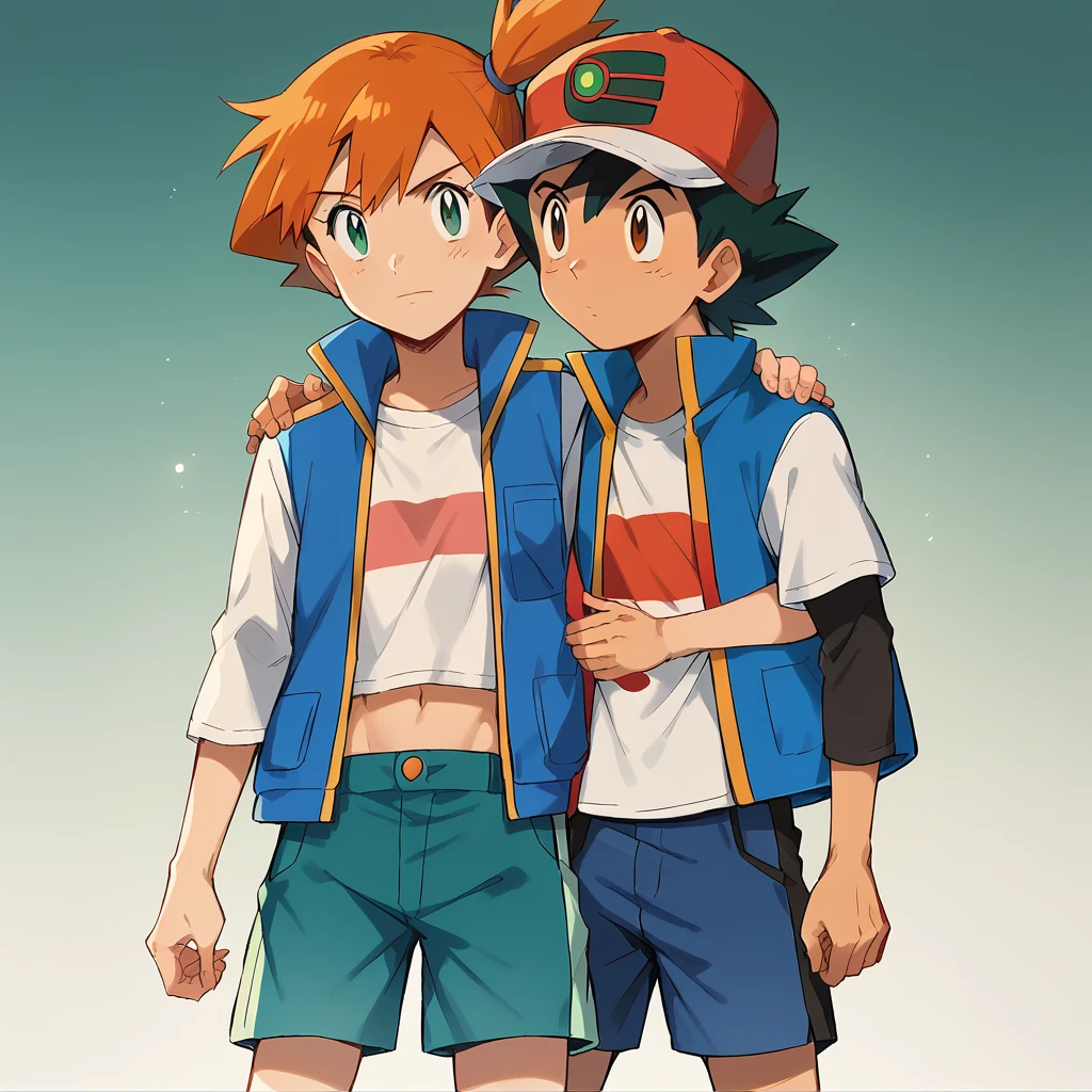 1boy, ash ketchum, black hair, brown eyes, hat, baseball cap, shirt, white shirt, t-shirt, jacket, sleeveless jacket, shorts, blue shorts 1girl, misty pokemon, orange hair, side ponytail, green eyes, white jacket, white long sleeves, white crop top, belly button, blue jeans shorts photograph of a couple, they're showing off their love and affection for each other, they're hugging