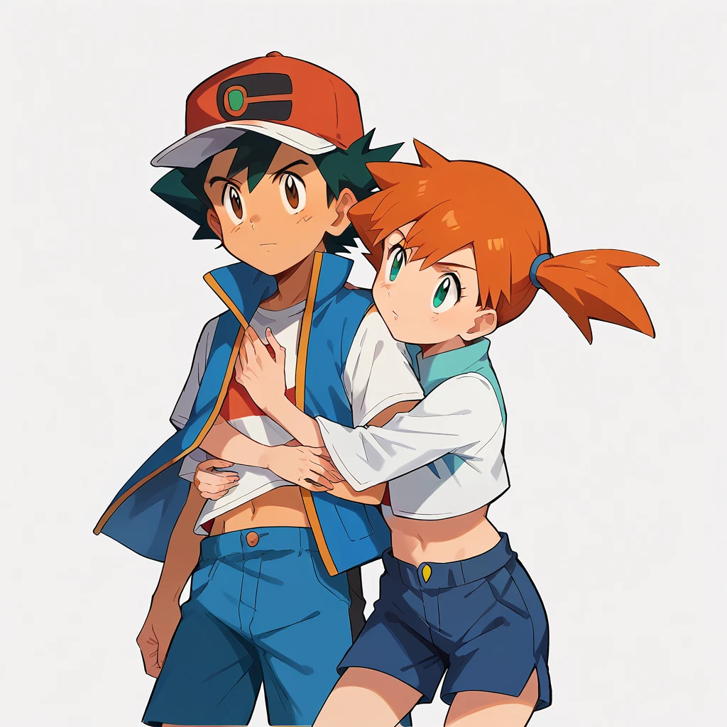 1boy, ash ketchum, black hair, brown eyes, hat, baseball cap, shirt, white shirt, t-shirt, jacket, sleeveless jacket, shorts, blue shorts 1girl, misty pokemon, orange hair, side ponytail, green eyes, white jacket, white long sleeves, white crop top, belly button, blue jeans shorts photograph of a couple, they're showing off their love and affection for each other, they're hugging