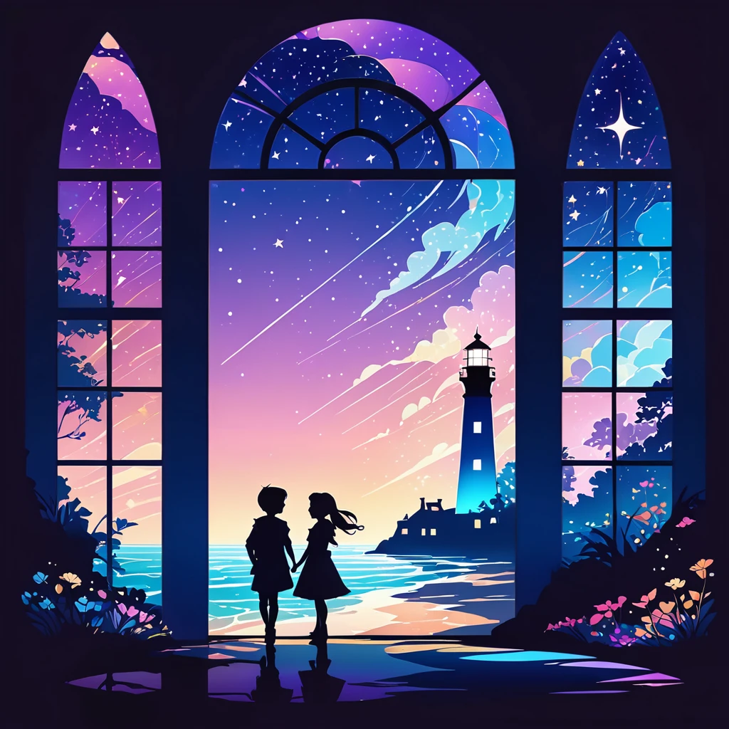 Flat illustration, 2D art, shadow art, shadow picture, (large lighthouse), lighthouse shadow art. Lighthouse and ground made of shadows, the windows are made of colorful cellophane. Iridescent light is emitted from the lighthouse, with light particles, Black purple blue light blue gradient background, countless stars shine in the night sky, shooting stars also add a magical atmosphere to the scene, light particles. pastel colored stained glass-like sea, Horizon. Silhouette art, (Fairy tale, fantastic fairy tale art for children). seen from the side.