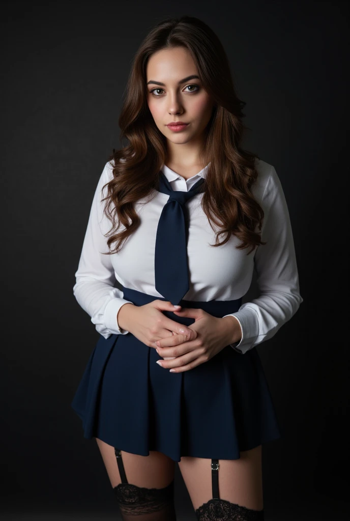 realistic, high res image, masterpiece, best quality, young woman, cute, fair skin, brown shiny long hair, ultra detailed eyes, thick lips, dark background, school uniform, white long sleves shirt, navy skirt, black lace leg wear, black lace thighhigh,