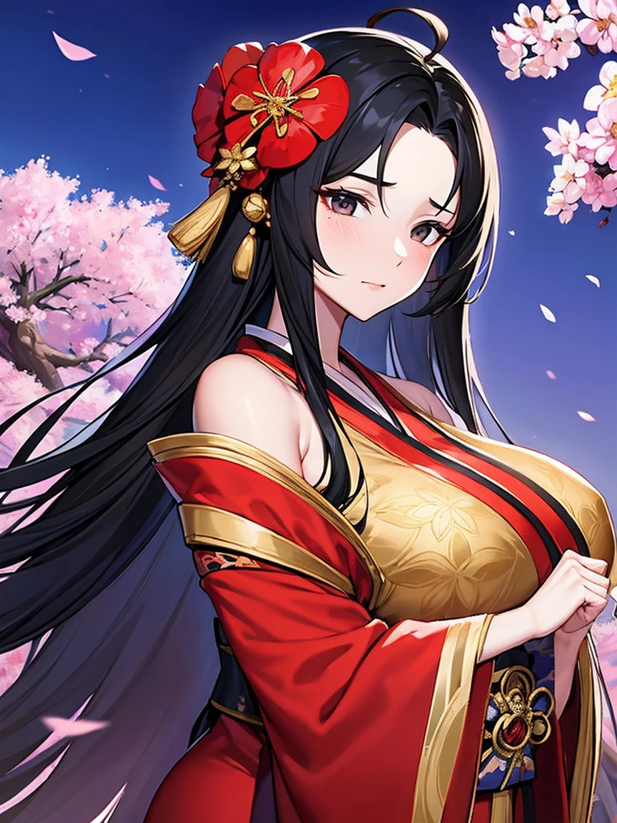 1beautiful middle age woman, solo,long hair,ahoge, black hair, hair ornament, holding, massive upper body, huge huge huge chest,flower, japanese clothes, hair flower, wide sleeves kimono, black eyes, floral print,blue cherry blossoms,look back,music,playing electric guitar,sing, black kimono,japanese ukiyoe digital anime art background,heian era,golden age,