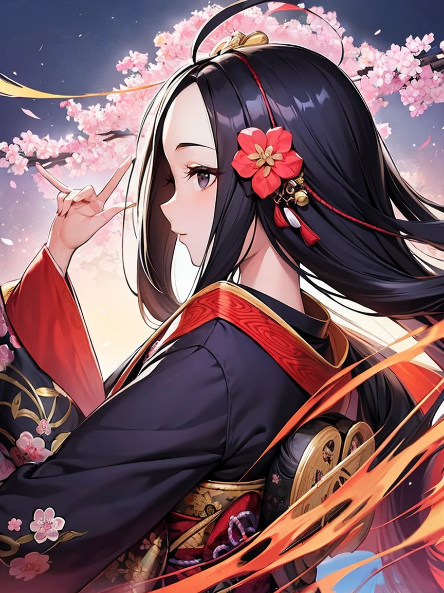 1beautiful middle age woman, solo,long hair,ahoge, black hair, hair ornament, holding, massive upper body, huge huge huge chest,flower, japanese clothes, hair flower, wide sleeves kimono, black eyes, floral print,blue cherry blossoms,look back,music,playing electric guitar,sing, black kimono,japanese ukiyoe digital anime art background,heian era,golden age,