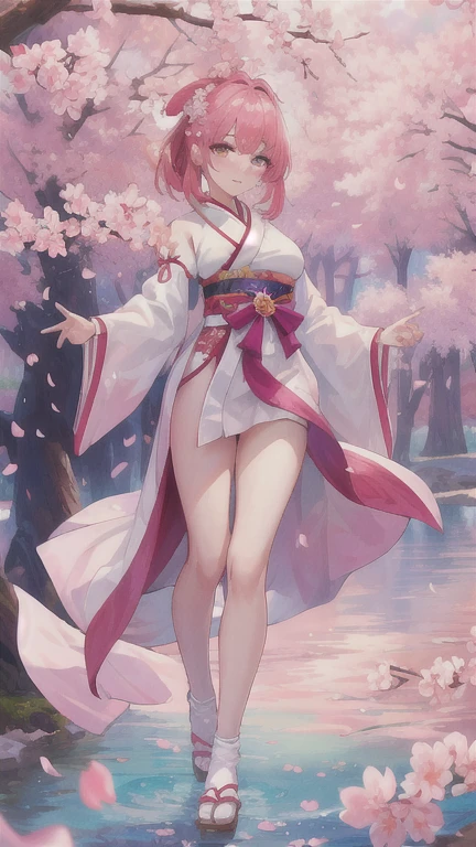 Sakura from Naruto with big and thighs exposed with short pink hair tied behind her back and green eyes, wearing good outfit that makes her sexy