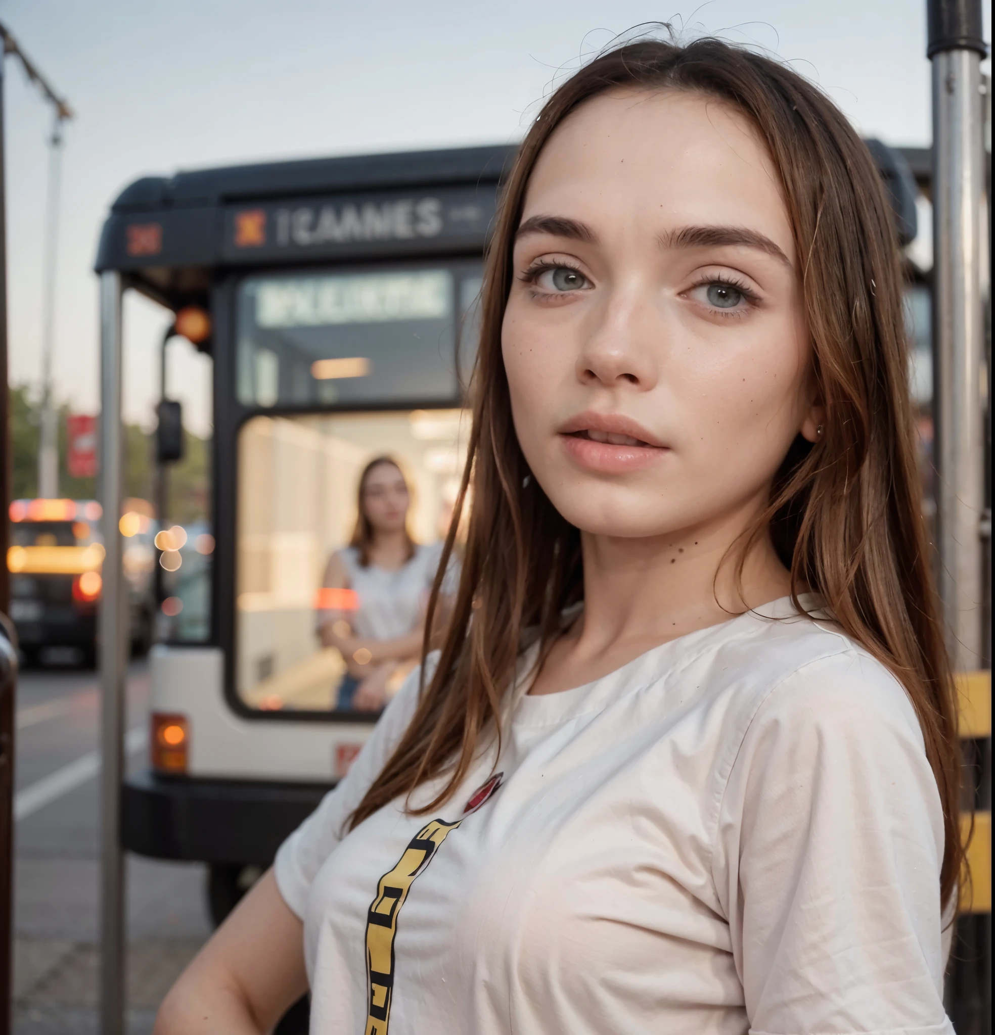 RAW photo, (a portrait photo of a woman: 1.2), low light, ((lining up for the bus: 1.1)), (highly detailed skin: 1.1), detailed eyes, 8k uhd, dslr, soft lighting, best quality, beautiful.   wear a shirt inside a sweatshirt c, (pink plaid pleated skirt), model legs, (High class: 1.1) (photo realistic: 1.4), (realistic: 1.3), (textured skin real best quality: 1.4), eyes with fine details, good quality eyes, (increases the beauty of skin texture: 1.1) standing,