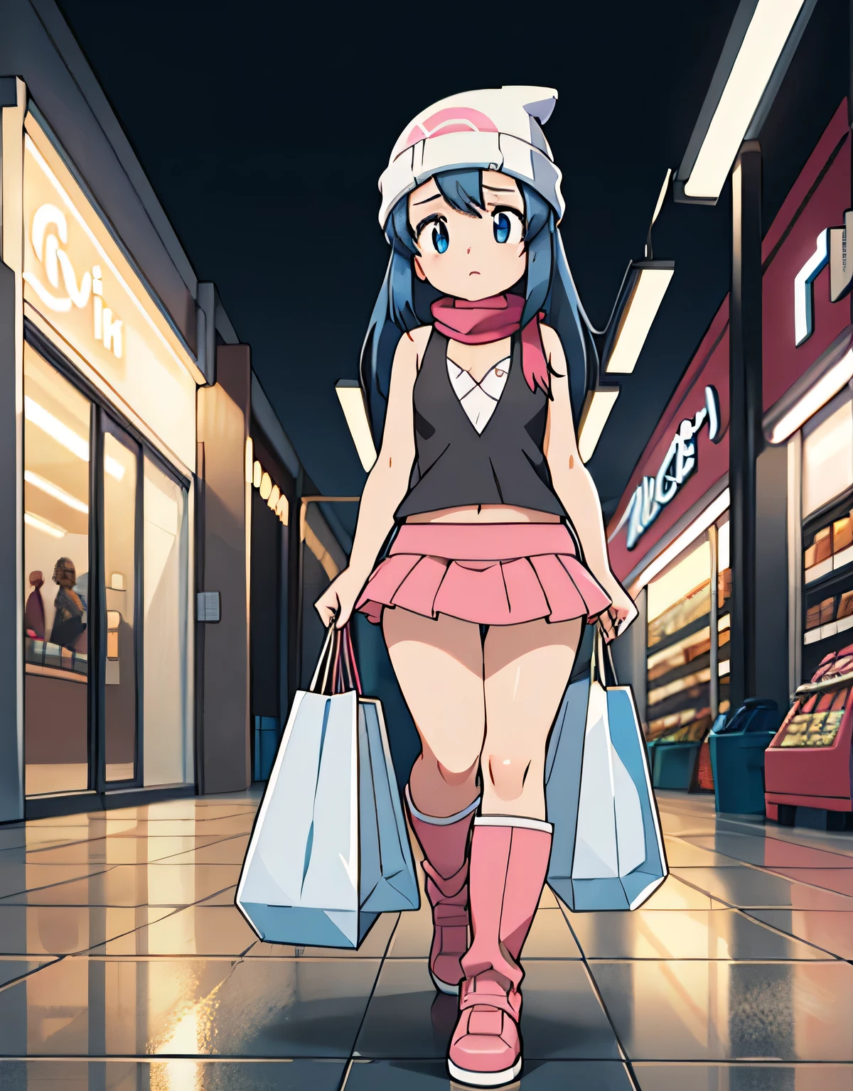 (best quality, highres, realistic), a tired girl, walking in a dark parking lot of a shopping mall, carrying shopping bags, detailed face, detailed eyes, \(pokemon\), beanie, long hair, blue hair, blue eyes, black sleeveless shirt, pink scarf, pink skirt, pink boots, body shape, small breast, downblouse, visible navel, chubby thighs, exhausted expression, fashionable outfit, unique hairstyle, dimly lit environment, concrete walls, flickering fluorescent lights, empty shopping carts, deserted atmosphere, late evening, weary posture, detailed clothing texture, urban setting, shiny floor, long shadows, mystery, suspense, cinematic feel, cool color palette, dramatic lighting.