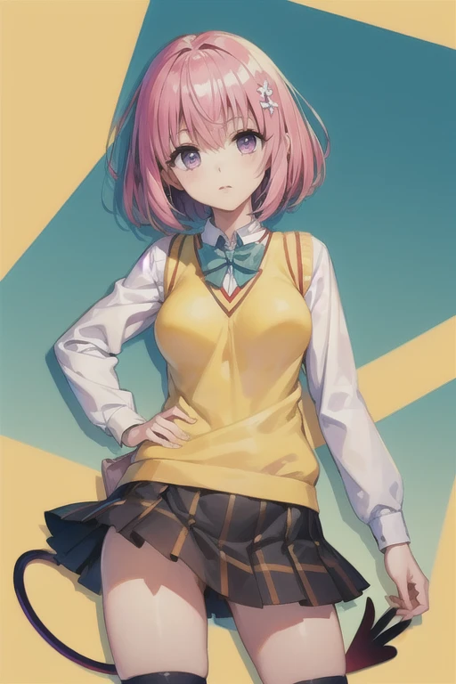 Momo Deviluke, Hair Flowers, Hair Accessories, Purple eyes、 Pink Hair, short hair, Tail,demon Tail, green チェック柄 skirt, sainan high School Uniform, School Uniform, skirt, Sweater vest, thighhighs, (Yellow Sweater:1.5),Best Quality,