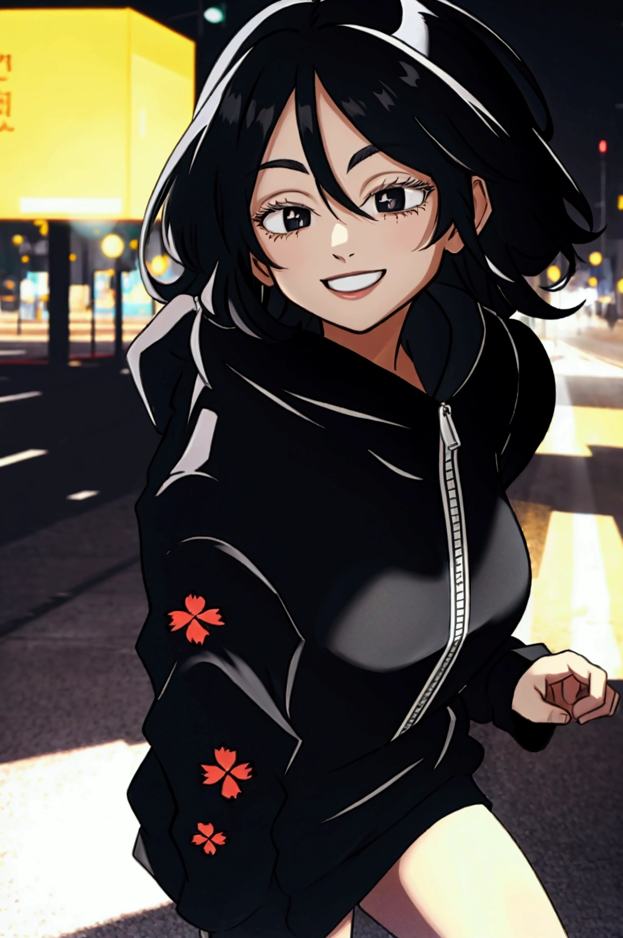 a girl, long black hair, hoodie , smiling 