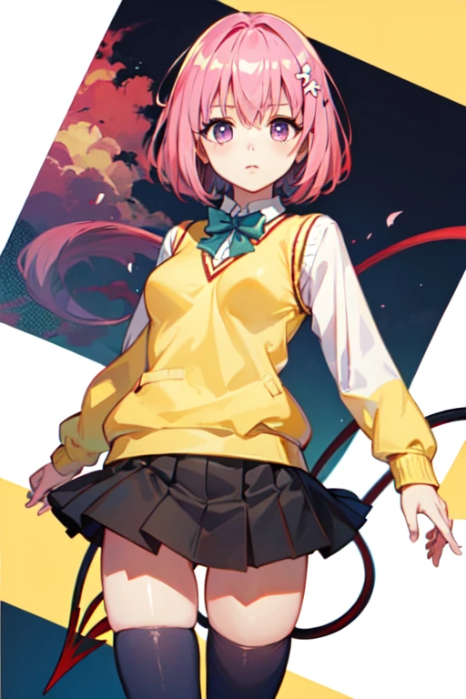 Momo Deviluke, Hair Flowers, Hair Accessories, Purple eyes、 Pink Hair, short hair, Tail,demon Tail, green チェック柄 skirt, sainan high School Uniform, School Uniform, skirt, Sweater vest, thighhighs, (Yellow Sweater:1.5),Best Quality,