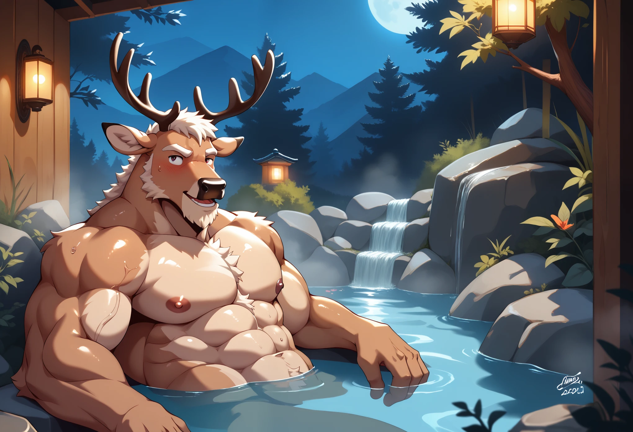 Best quality, masterpiece,ultra high res,detailed background,realistic, real shadow and light,depth of field, looking at the viewer, strong arm and veins, (furry male), (Deer furry), Naked, open chest, body hair, older, elder, long beard, Sexy body, red face, blushes up, sweat body, huge hot spring, dark and dim sky, Buffy, old guy, middle aged, buffy, muscle, open mouth, laying down in hot spring, shower in huge hot spring, night time, at night, looking  to viewer, outdoor, nature light, firefly around, in the water, Clear water, see through in to the water, full naked, BREAK, (NSWF:1.5), penis with foreskin, bath in hot spring, mug of beer, Steam, foggy, older, elder,