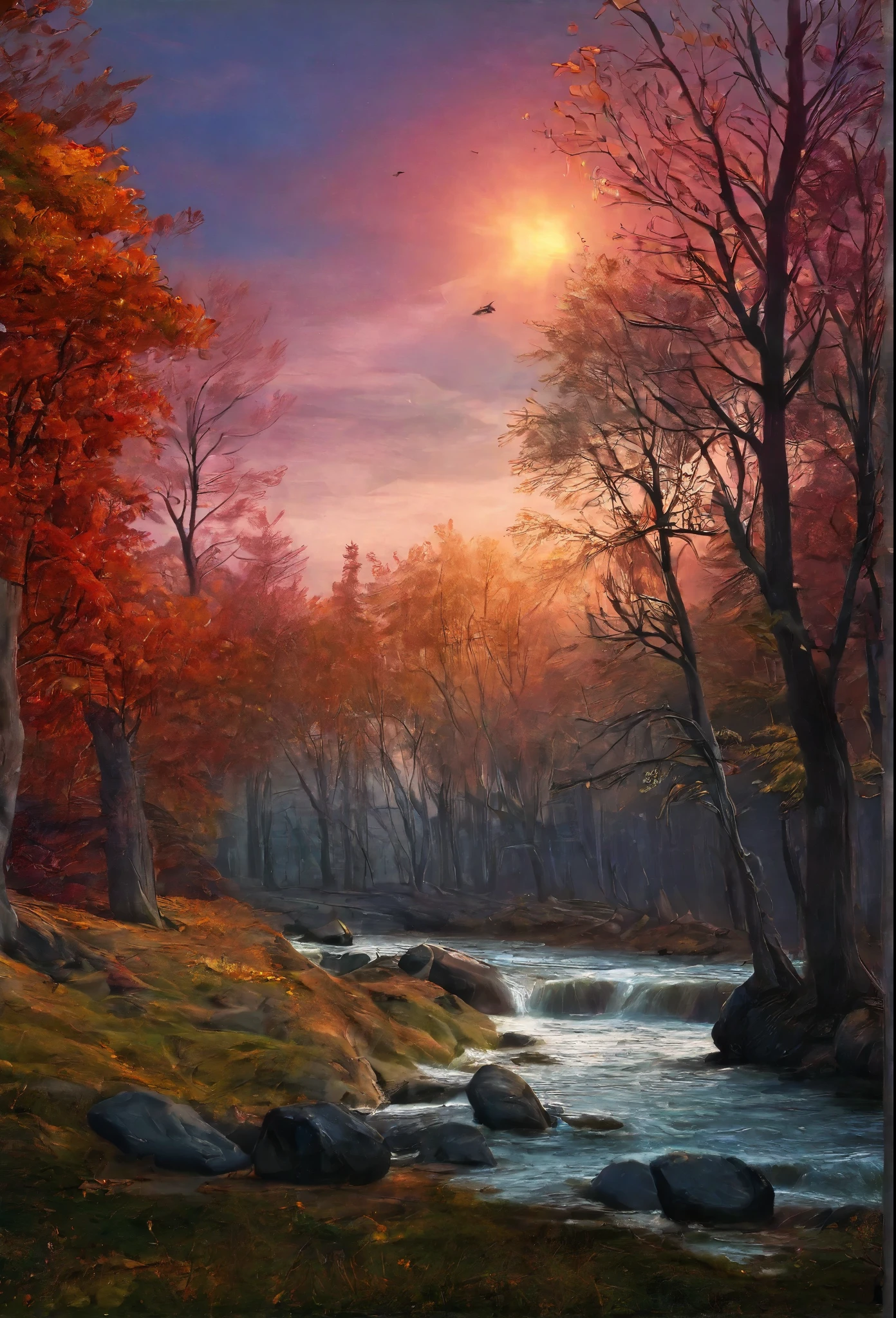 masterpiece, High resolution, Textured skin, very detailed, a forest in fall, sunset, scenary,