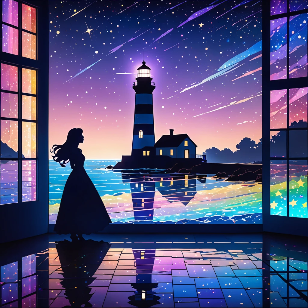 2D art, shadow art, shadow picture, lighthouse shadow art. Lighthouse and ground made of shadows, windows made of colorful cellophane, Iridescent light is emitted from the lighthouse, with light particles, Black purple blue light blue gradient background, countless stars shine in the night sky, shooting stars also add a magical atmosphere to the scene, light particles. pastel colored stained glass-like sea, Horizon. (Fairy tale, fantastic fairy tale art, for children). Picture seen from the side.