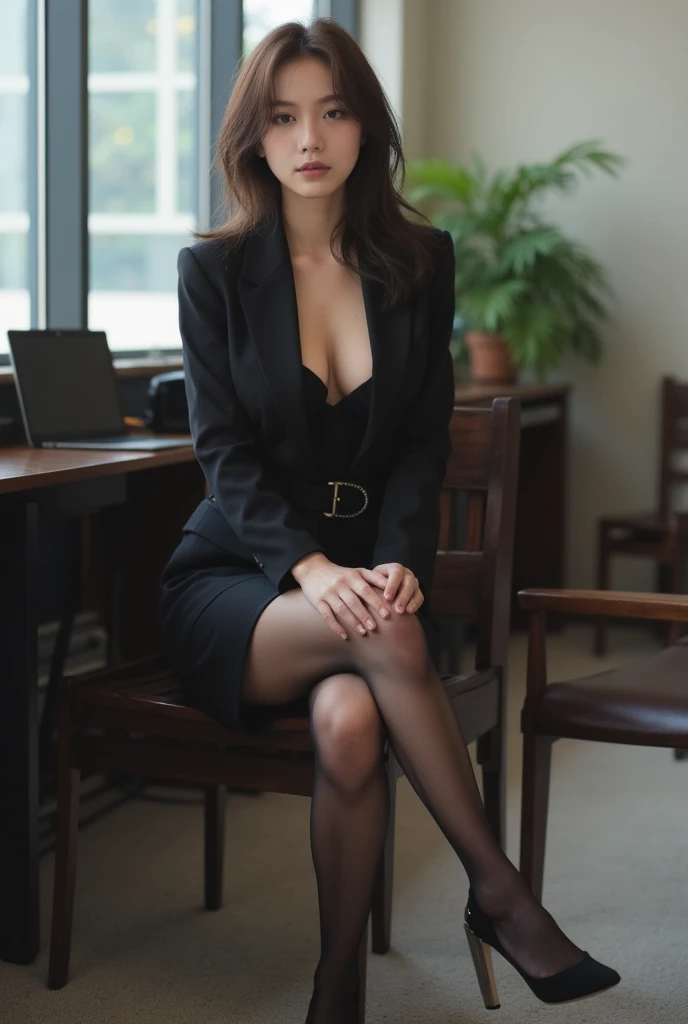 Photorealistic、Ultra-realistic、Cute office lady、Garter Stockings、Sitting in a chair、Legs crossed、View your viewers、Tight skirt suit、At the office、The camera is low angle and the quality is 16K.、