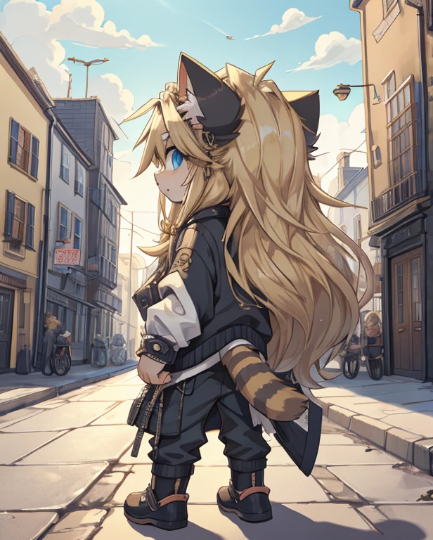 cat, Chibi, solo, Long Hair, blue eyes, Blonde, accessories, Earrings, High resolution, masterpiece, Disheveled Hair, Rear view, Street Style, The road drawn with OT7