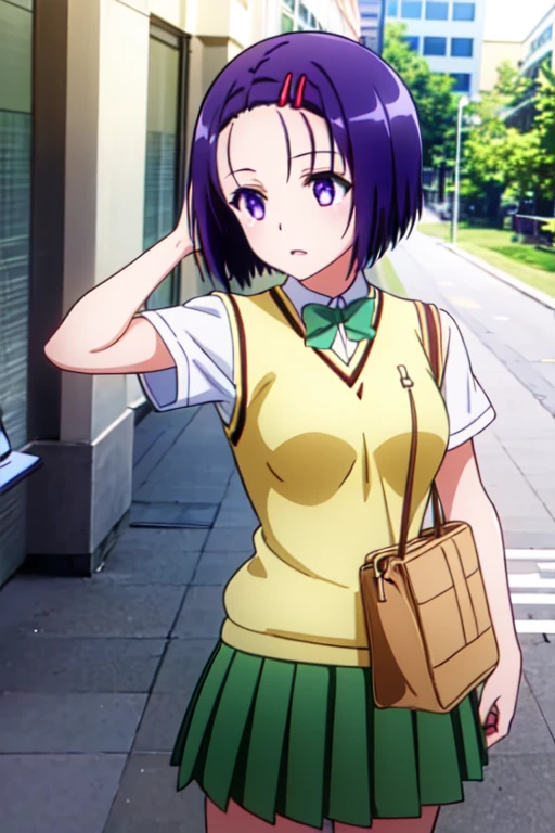 Haruna Sairenji, girl、一人のgirl、Hair Accessories, Hair Clip, (Purple eyes:1.1), Purple Hair, short hair, Swept-apart bangs, (forehead:1.2), green skirt, Check pattern, Check pattern skirt, sainan high School Uniform, School Uniform, skirt, Sweater vest, (Yellow Sweater:1.3), Short sleeve, Best Quality, 