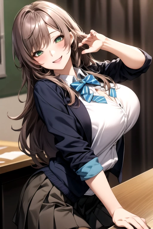 NFSW:1.4, high quality、Light Brown Hair、Long Hair、Light green eyes、Tareme、uniform、Blue striped bowtie、Black blazer、Beige cardigan、Sleeve length up to the wrist、Black pleated skirt、Big Breasts、Black Pantyhose、smile、Cowgirl、Sex、Shaking breasts、Motion Blur、