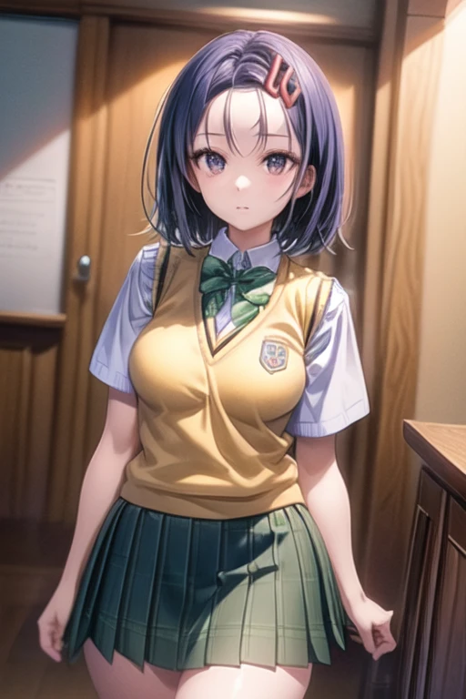 Haruna Sairenji, girl、一人のgirl、Hair Accessories, Hair Clip, (Purple eyes:1.1), Purple Hair, short hair, Swept-apart bangs, (forehead:1.2), green skirt, Check pattern, Check pattern skirt, sainan high School Uniform, School Uniform, skirt, Sweater vest, (Yellow Sweater:1.3), Short sleeve, Best Quality, 